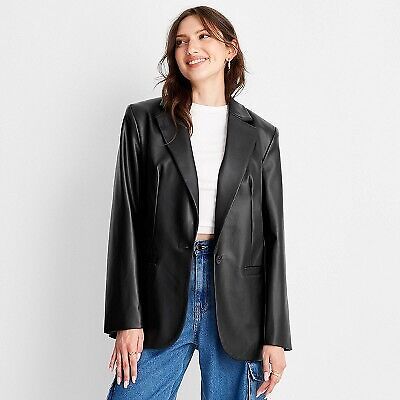 Women's Relaxed Fit Faux Leather Blazer - A New Day Black M