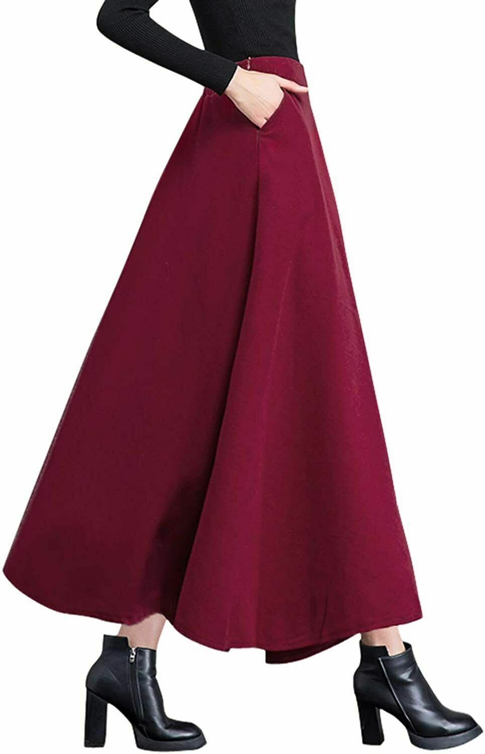 Women's Fall Winter A-Line Swing Pleated Long Maxi Wool Skater Skirt XS~