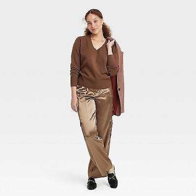 Women's Fine Gauge V-Neck Sweater - A New Day Brown S