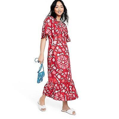 Women's Large Zinnia Floral Print Bell Sleeve Midi Dress - RHODE Red Pink