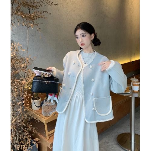 French style small fragrant blue woolen jacket for women's autumn and winter 2023 new high-end loose fitting small cardigan top