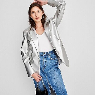 Women's Relaxed Fit Faux Leather Blazer - A New Day Silver S