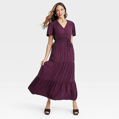 Women's Short Sleeve A-Line Maxi Dress - Knox Rose Burgundy XS