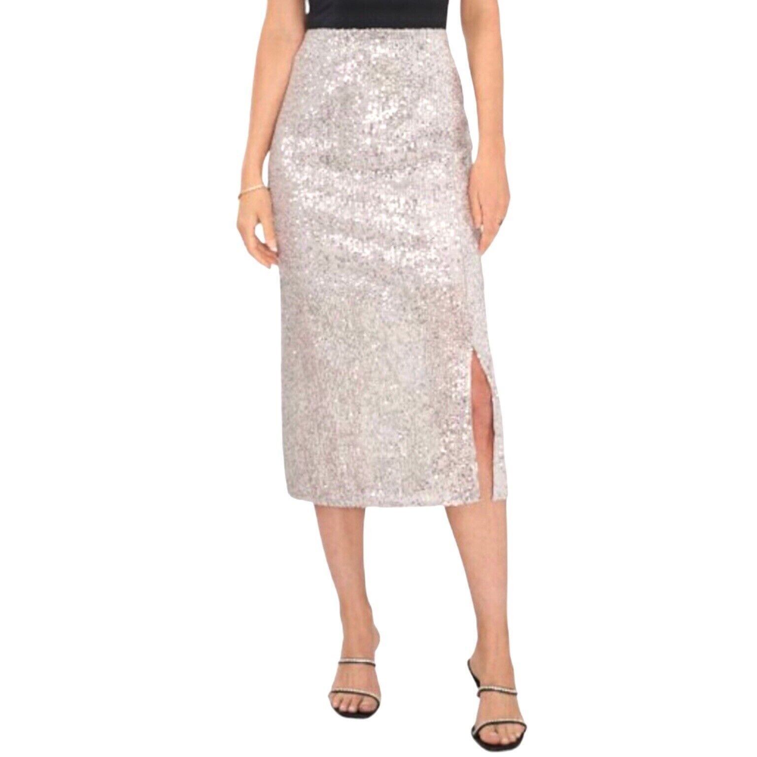 Vince Camuto Women's Sz M Silver Sequin Straight Pencil Skirt Stretch PullOn NEW