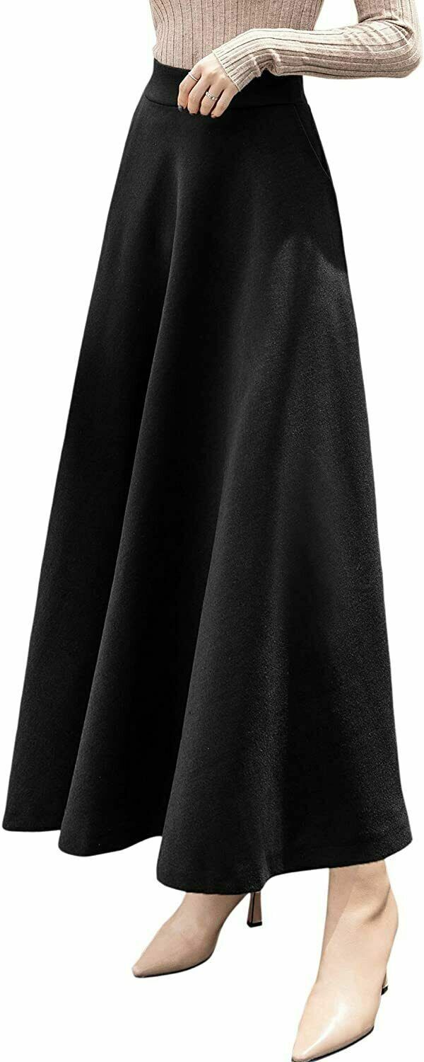 Women's Fall Winter A-Line Swing Pleated Long Maxi Wool Skater Skirt XS~