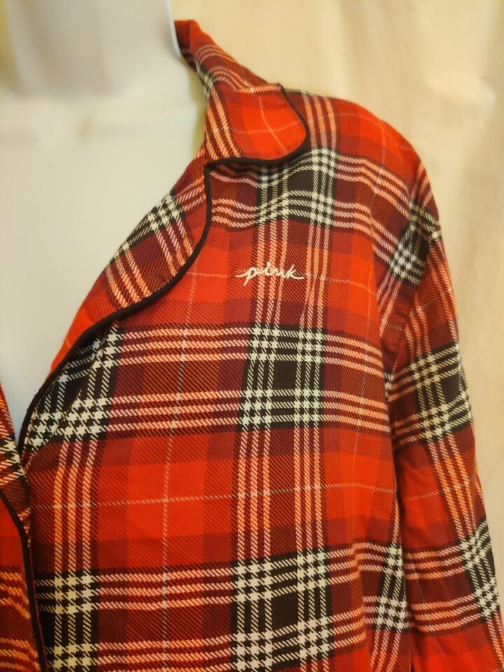 VICTORIA'S SECRET PINK PAJAMAS SIZE M FLANNEL SLEEP SHIRT DRESS Red BLACK A018