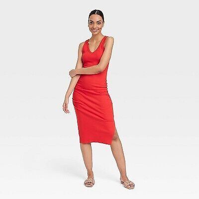 Women's Rib Knit Side Ruched Dress - A New Day Red S