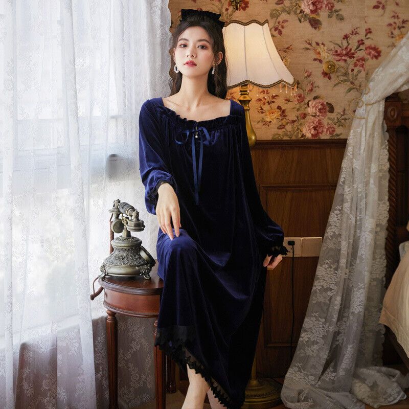 Womens Sleep Dress Nightie Victorian Robe Velvet Sleepwear Velour Long Nightgown