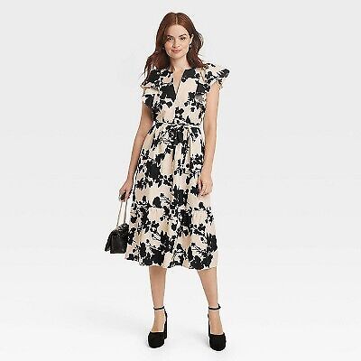 Women's Flutter Short Sleeve Midi Dress - A New Day Beige Black Floral S