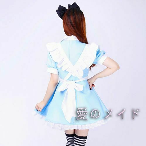 Alice in Wonderland Costume Waitress Uniform Maid Blue Dress Halloween Cosplay