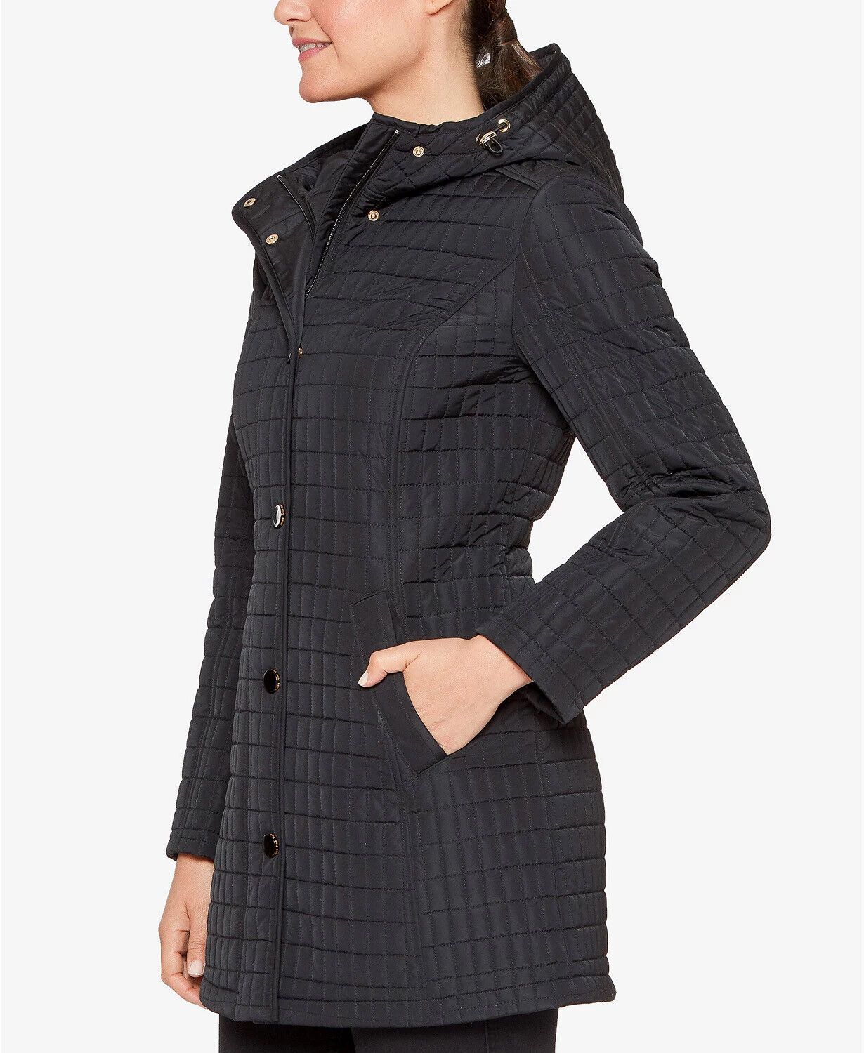 Jones New York Hooded Quilted Coat Women's Black Medium