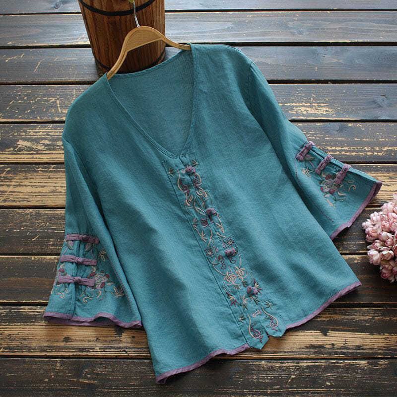 Tops Tshirts Cotton Linen Casual Summer Chinese Style Embroidery Women Clothes