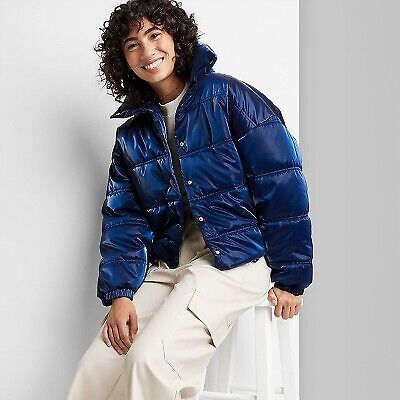 Women's Iridescent Shine Duvet Puffer Jacket - Wild Fable Navy Blue M