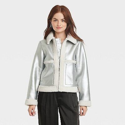 Women's Metallic Shearling Moto Jacket - A New Day Silver L