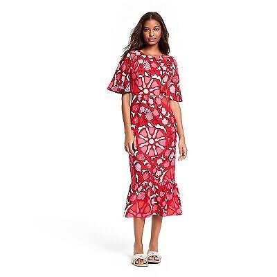 Women's Large Zinnia Floral Print Bell Sleeve Midi Dress - RHODE Red Pink