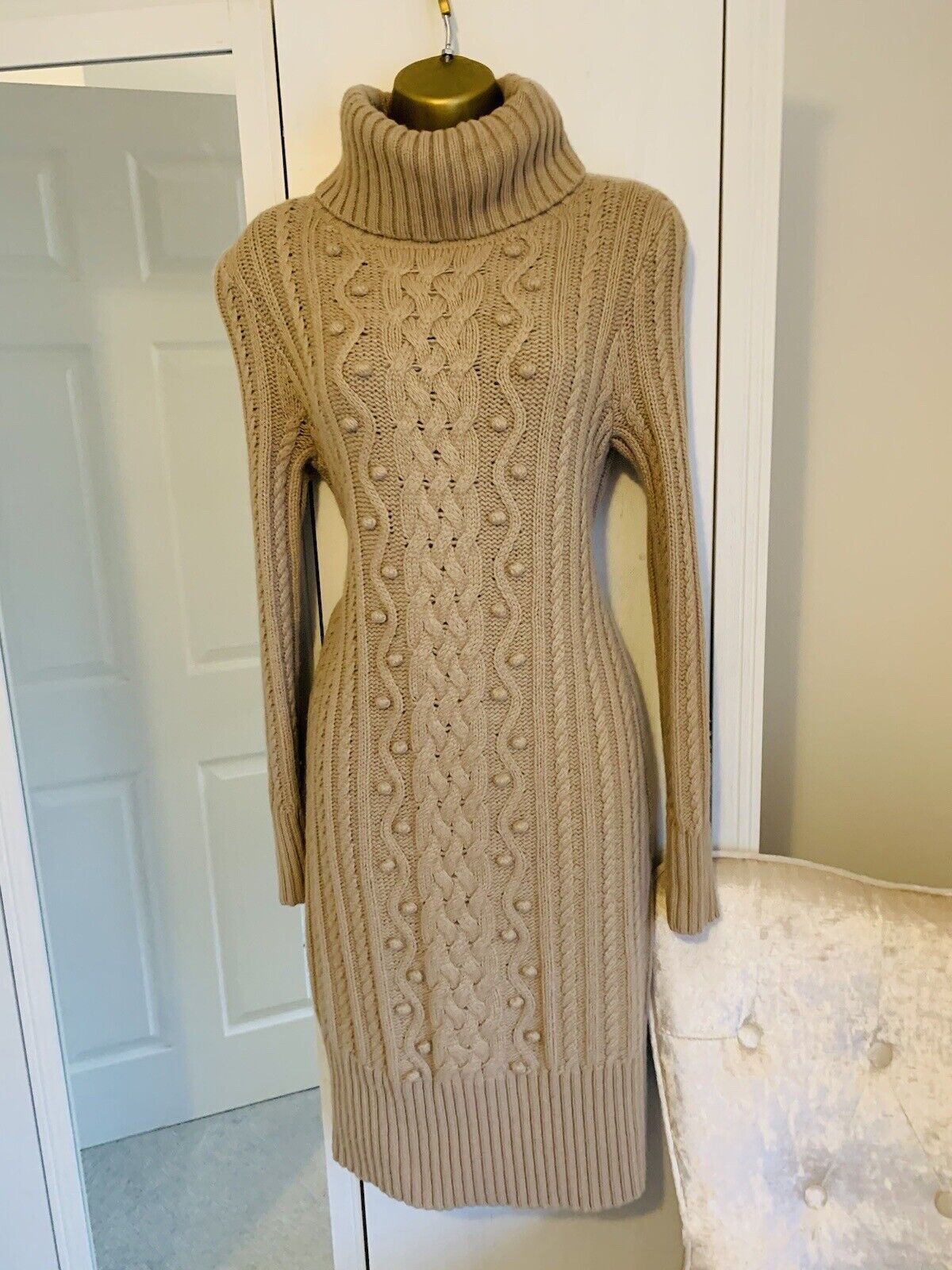 Hobbs Lambswool Camel Polo Neck Cable Knit Jumper Dress Size 12