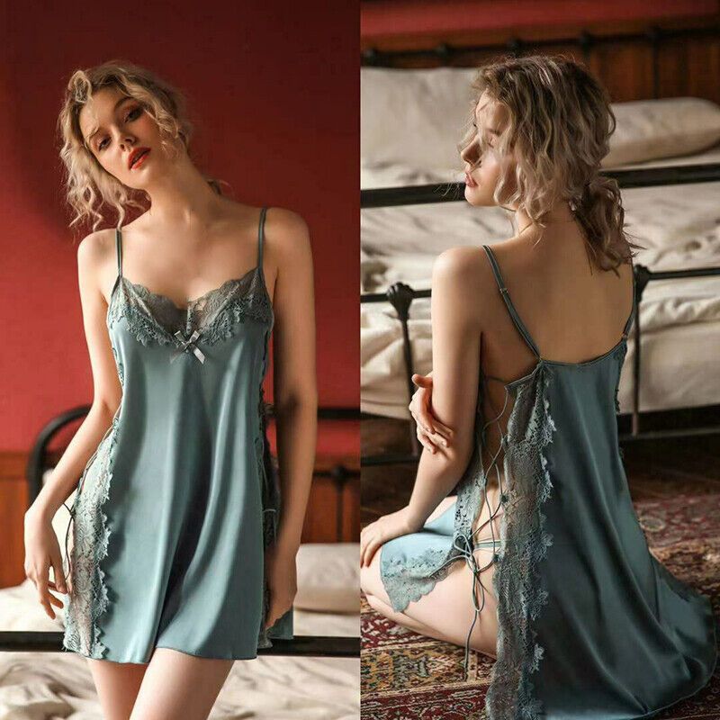 Romantic Nightgown Sleep Wear Sexy Lingerie Thong Silky Lace Dress Elegant