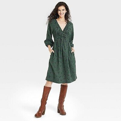 Women's Tie-Front Puff 3 4 Sleeve Midi Dress - Universal Thread XS