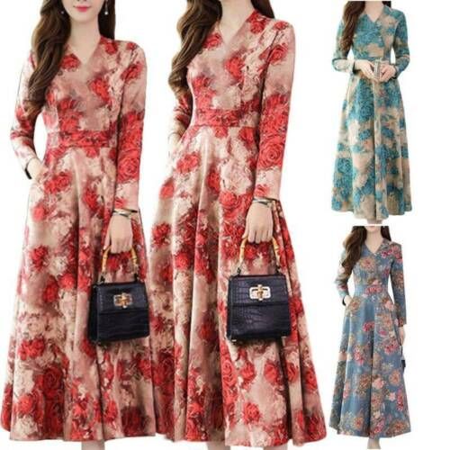 Women V Neck Long Sleeve Casual Party Long Swing Dress Floral A-Line Maxi Dress