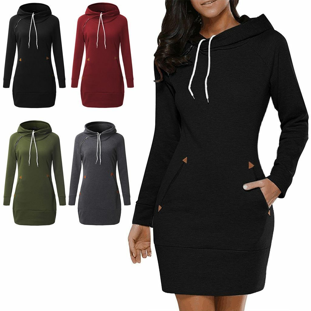 Women Long Sleeve Hoodie Hooded Mini Dress Ladies Loose Pullover Sweatshirt US