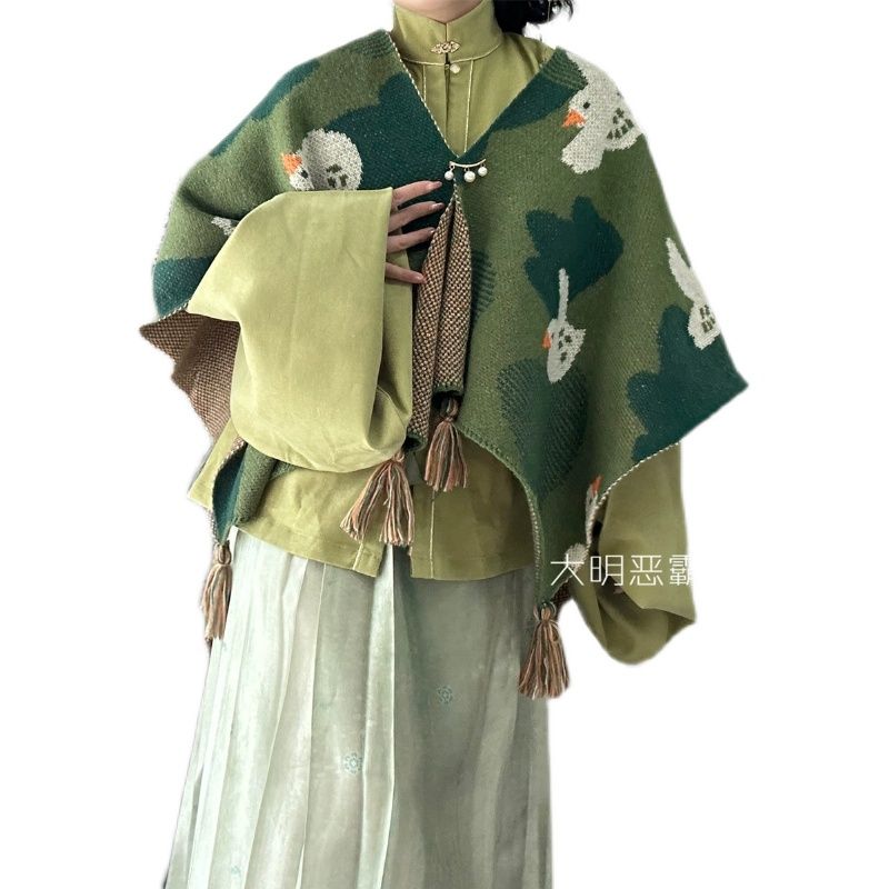 Green duck knitted duck print cute daily shawl warm coat Hanfu cheongsam matching