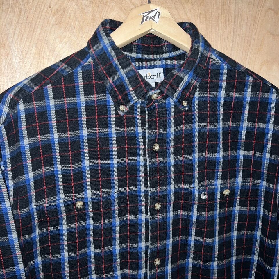 MEN CARHARTT BUTTON DOWN LOGO COTTON FLANNEL SHIRT BLACK PLAID SIZE LARGE