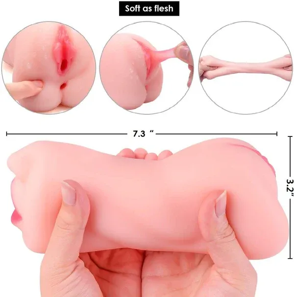 3D realistic vaginal and oral sex masturbators, made of soft TPE material.