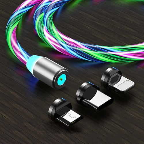Cabo de carregamento USB magnético 3 em 1 com fluxo de luz LED para smartphone e tablet