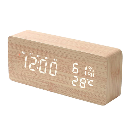 Despertador LED digital de madeira com alimentação USB, relógio de mesa eletrónico com temperatura e humidade controladas por voz