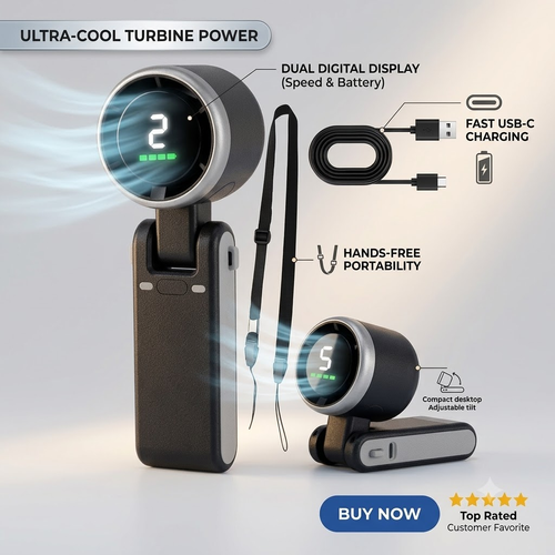 Premium Portable Turbo Handheld Fan | 5-Speed Powerful Airflow | Digital Display | Lightweight Foldable USB-C Rechargeable Mini Fan | Low Noise | Long Battery Life | Travel Camping Outdoor Office Home | Best Seller