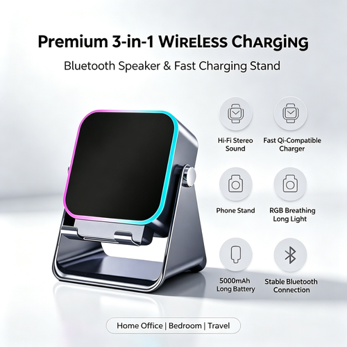 Premium 3-in-1 Wireless Charging Bluetooth Speaker | Hi-Fi Stereo Sound | Fast Qi-Compatible Wireless Charger with Phone Stand | RGB Breathing Light | 5000mAh Long Battery Life | Stable Bluetooth Connection | Home Office Bedroom Travel | Best Seller
