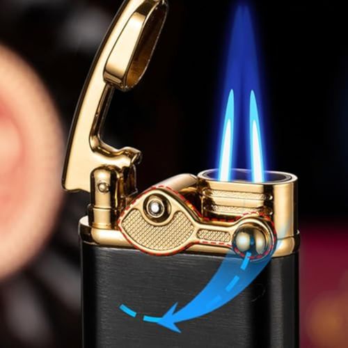 ⚡🚀Cool Cigarette Lighters: Dual Turbo Flame Windproof Metal Lighter - Blue Butane Torch for Cigars, Unique Lighters for Men, Gift & Smoking Accessories