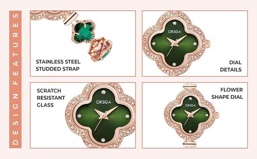 ORSGA Watch Bracelet Analog Clover Dial Wrist Watch for Ladies Luxury Diamond Stone Rose Gold Brass Strap Dress Watch for Women