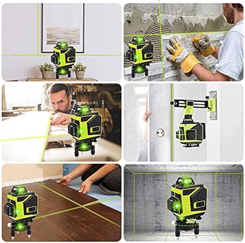 4D 16 Lines Self-Levelling Cross Line Laser Green Self-Levelling 4 x 360° Horizontal and Vertical Cross Line Laser Generators with Remote Control and Lifting Base with 2 Batteries