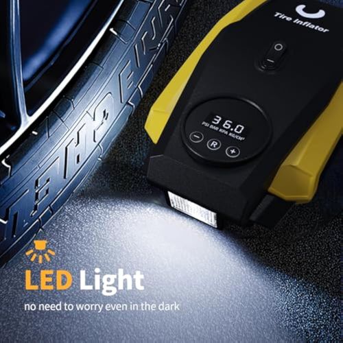 🚀Tire Inflator Portable Air Compressor - Air Pump for Car Tires - 12V DC Tire Pump with Auto Shutoff Function & LED Light for Cars, Bicycles, Motorcycles, Yellow, Large