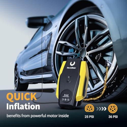 🚀Tire Inflator Portable Air Compressor - Air Pump for Car Tires - 12V DC Tire Pump with Auto Shutoff Function & LED Light for Cars, Bicycles, Motorcycles, Yellow, Large