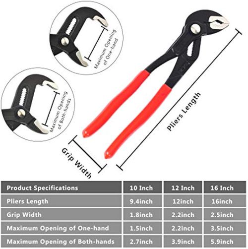 3-Piece Water Pump Pliers Set 7-Inch, 10-Inch, 12-Inch Plumbing Locking Pliers, Snap Button, Tongue and Groove Pliers Set