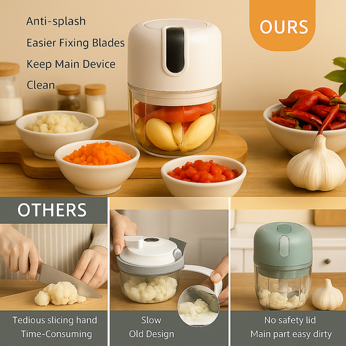 COSKIRA Electric Mini Food Chopper Wireless Garlic Ginger Onion Vegetable Meat Nut Steel Blades Portable Garlic Crusher Cordless Garlic Mincer Blender Waterproof Rechargeable Food Processor (250ml)
