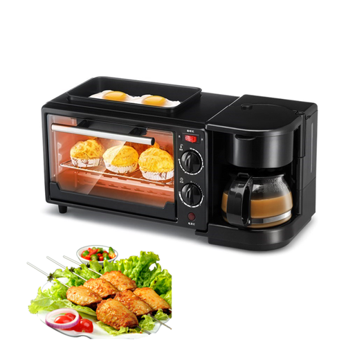 3-in-1 Breakfast Station, Portable Breakfast Maker with Coffee Maker, Non-Stick Pan, Versatile Breakfast Maker, Toaster Oven with 30-Minute Timer, for Apartments and Kitchens