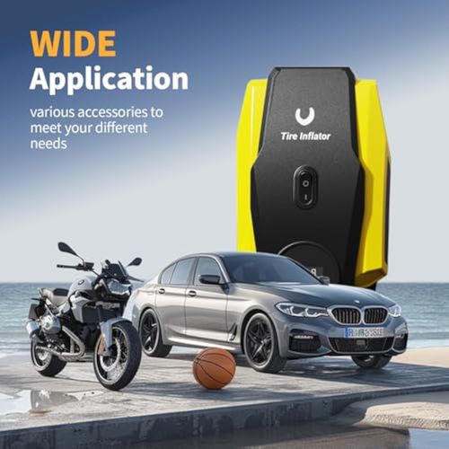 🚀Tire Inflator Portable Air Compressor - Air Pump for Car Tires - 12V DC Tire Pump with Auto Shutoff Function & LED Light for Cars, Bicycles, Motorcycles, Yellow, Large