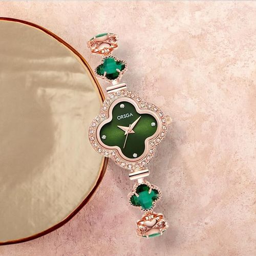 ORSGA Watch Bracelet Analog Clover Dial Wrist Watch for Ladies Luxury Diamond Stone Rose Gold Brass Strap Dress Watch for Women