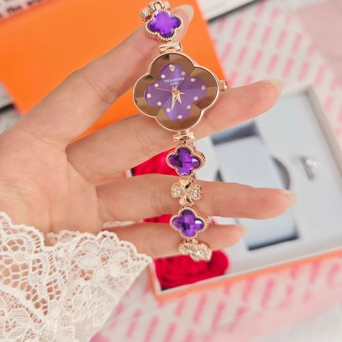 ORSGA Watch Bracelet Analog Clover Dial Wrist Watch for Ladies Luxury Diamond Stone Rose Gold Brass Strap Dress Watch for Women
