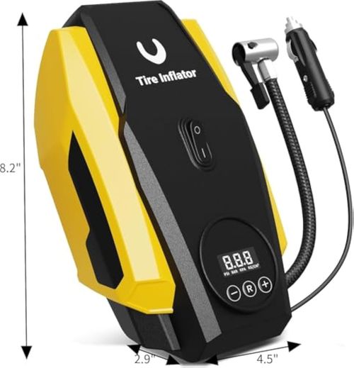 🚀Tire Inflator Portable Air Compressor - Air Pump for Car Tires - 12V DC Tire Pump with Auto Shutoff Function & LED Light for Cars, Bicycles, Motorcycles, Yellow, Large
