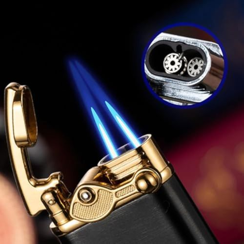 ⚡🚀Cool Cigarette Lighters: Dual Turbo Flame Windproof Metal Lighter - Blue Butane Torch for Cigars, Unique Lighters for Men, Gift & Smoking Accessories