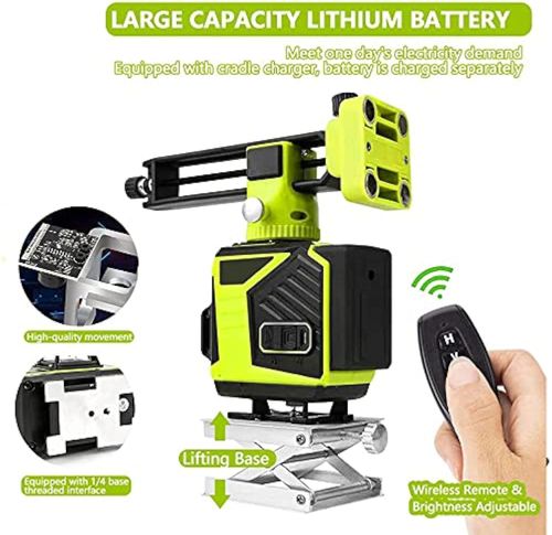 4D 16 Lines Self-Levelling Cross Line Laser Green Self-Levelling 4 x 360° Horizontal and Vertical Cross Line Laser Generators with Remote Control and Lifting Base with 2 Batteries