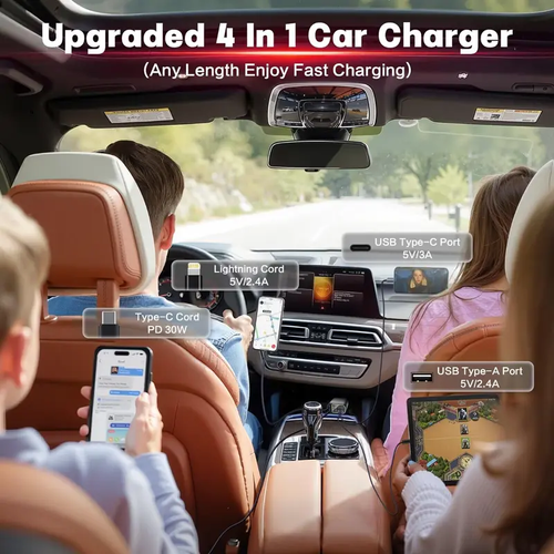 4 in 1 Retractable Car Charger with Starlight