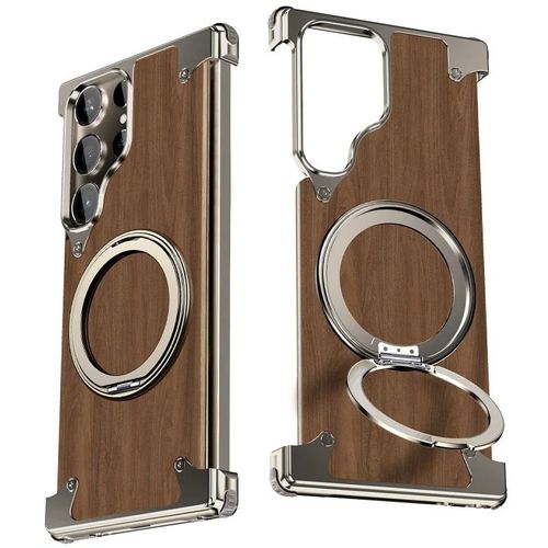 Premium Walnut Wood Aluminum Metal Magnetic Phone Case for Samsung S24 S25 Ultra With 360° Rotating Ring Stand Shockproof Cover