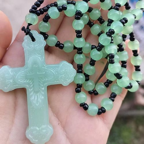 Xinjiang Hetian jade cross pendant necklace green jade peace buckle men's and women's sweater chain