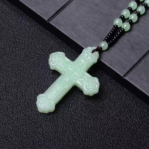 Xinjiang Hetian jade cross pendant necklace green jade peace buckle men's and women's sweater chain