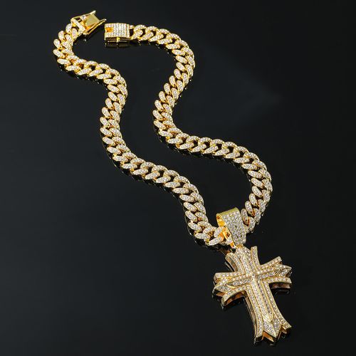 New creative cross necklace alloy full diamond men's and women's Cuban chain necklace